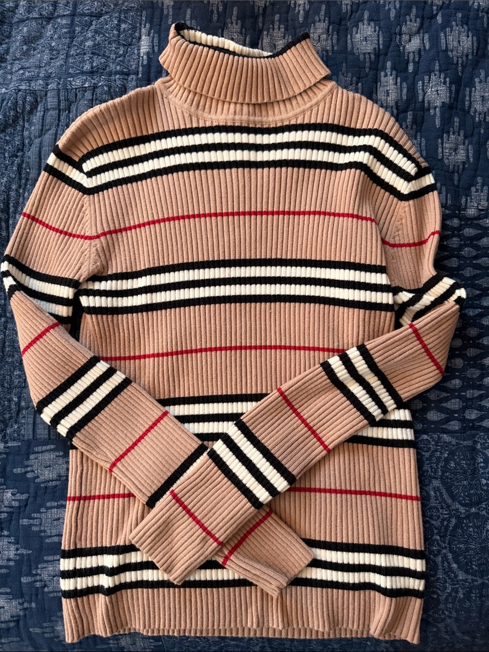 Striped Ribbed Turtleneck Sweater - Beige with Black, White & Red Stripes